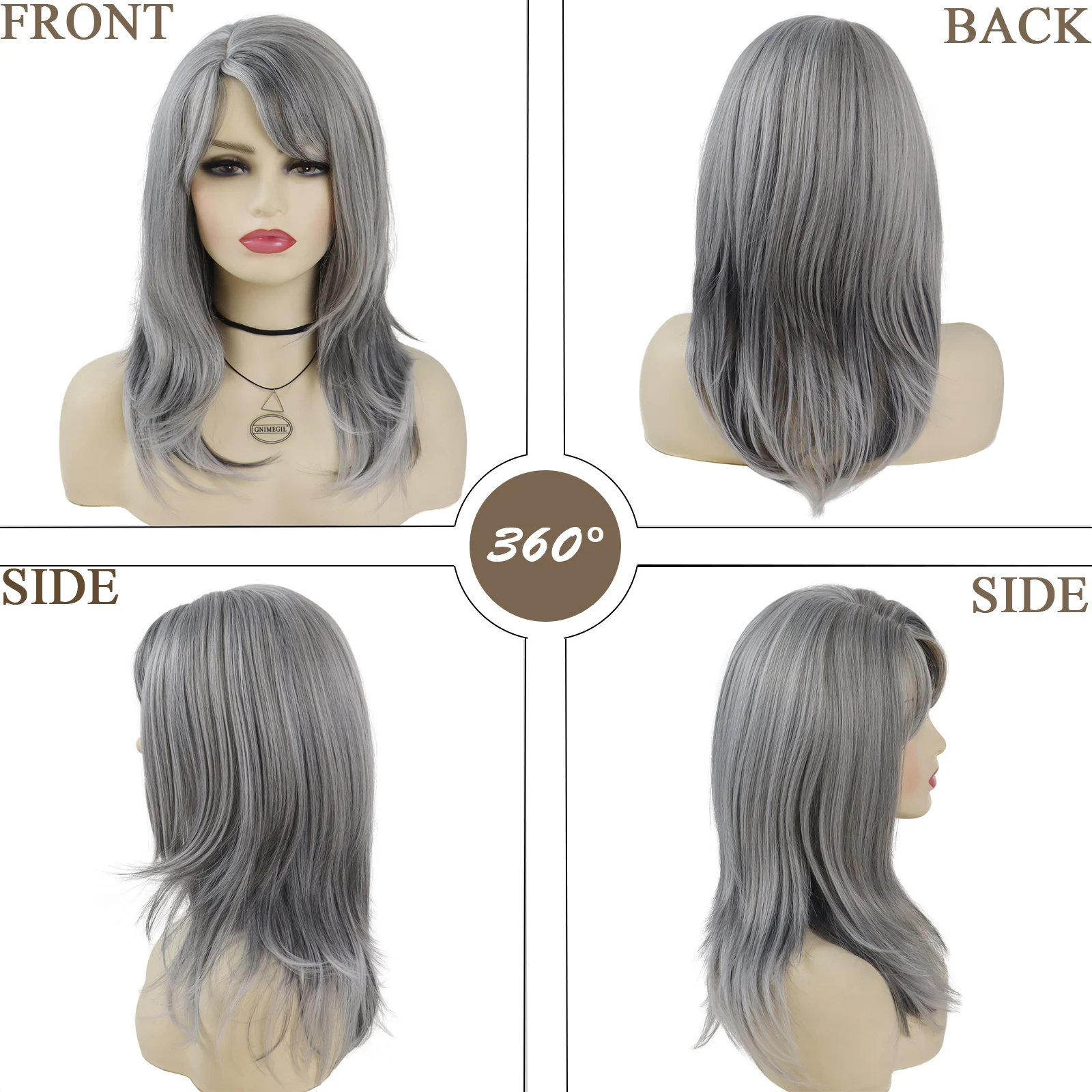 Synthetic Long Wave Wigs Natural Soft Mommy Wig with Bangs Silver Grey Wig for Women Old Lady Fake Hair Cosplay Halloween Party