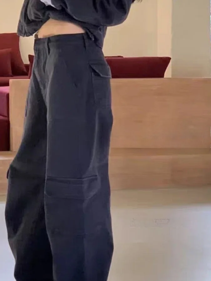 High Waist Wide Leg Workwear Trousers for Women Loose Fit Multi Pockets Casual Long Pants Cotton Straight Cut Comfortable