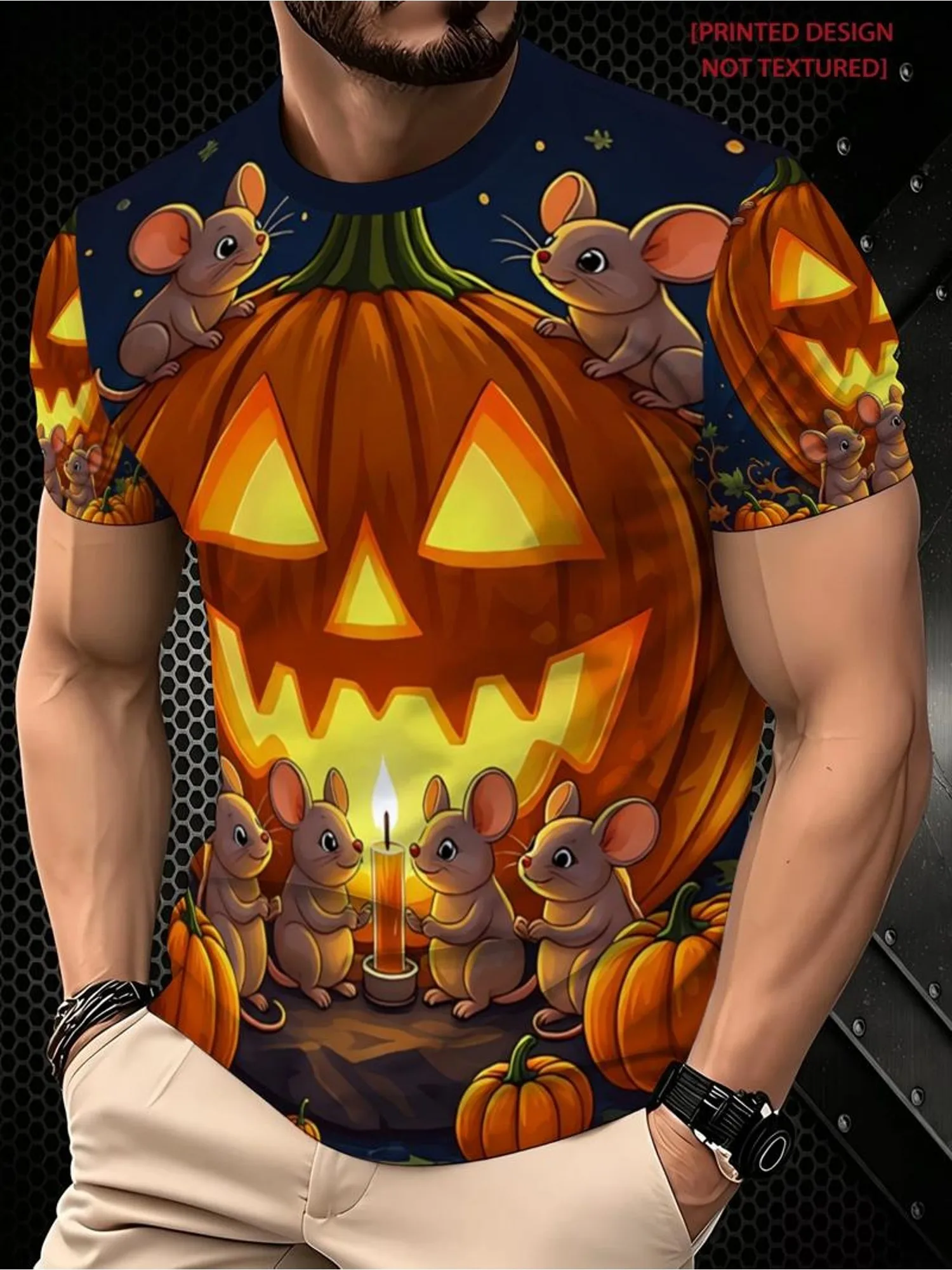 Men Short Sleeve T‑Shirt 3D Cartoon Mouse Pumpkin Candle Print Halloween Night Festival Casual Party Top