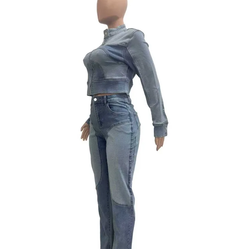 Color Patchwork Denim 2 Piece Set Stand Collar Long Sleeve Zipper Jackets Tops + Button Fly High Waist Pencil Pants Jeans Suits