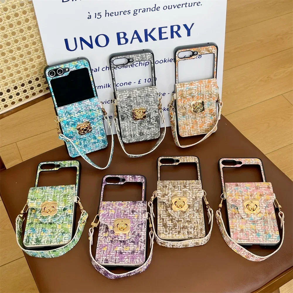 Pulseira de pulso caso de telefone para samsung galaxy z flip 6 5 4 3 flip6 flip5 flip4 flip3 5g titular do cartão mão corda tecer capa de couro do plutônio