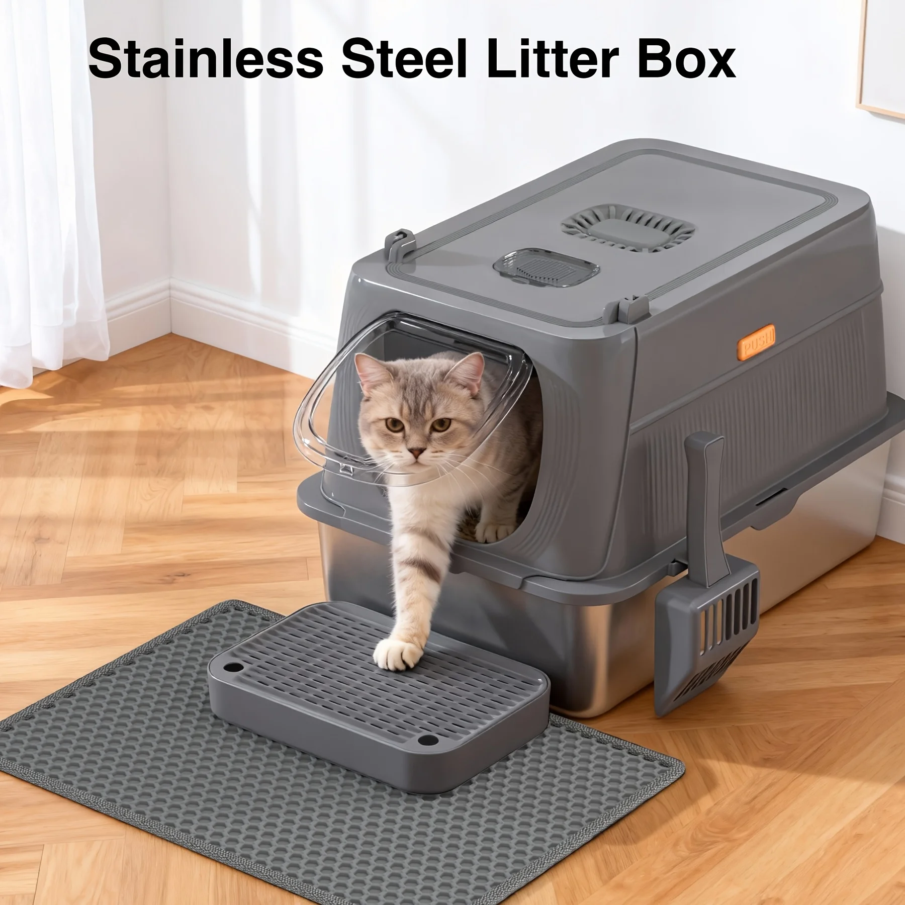CITYLIFE Oversized Stainless Steel Cat Litter Box, Completely Covered Cat Litter Box with a Lid, Collapsible Anti-Splash Cat Lit