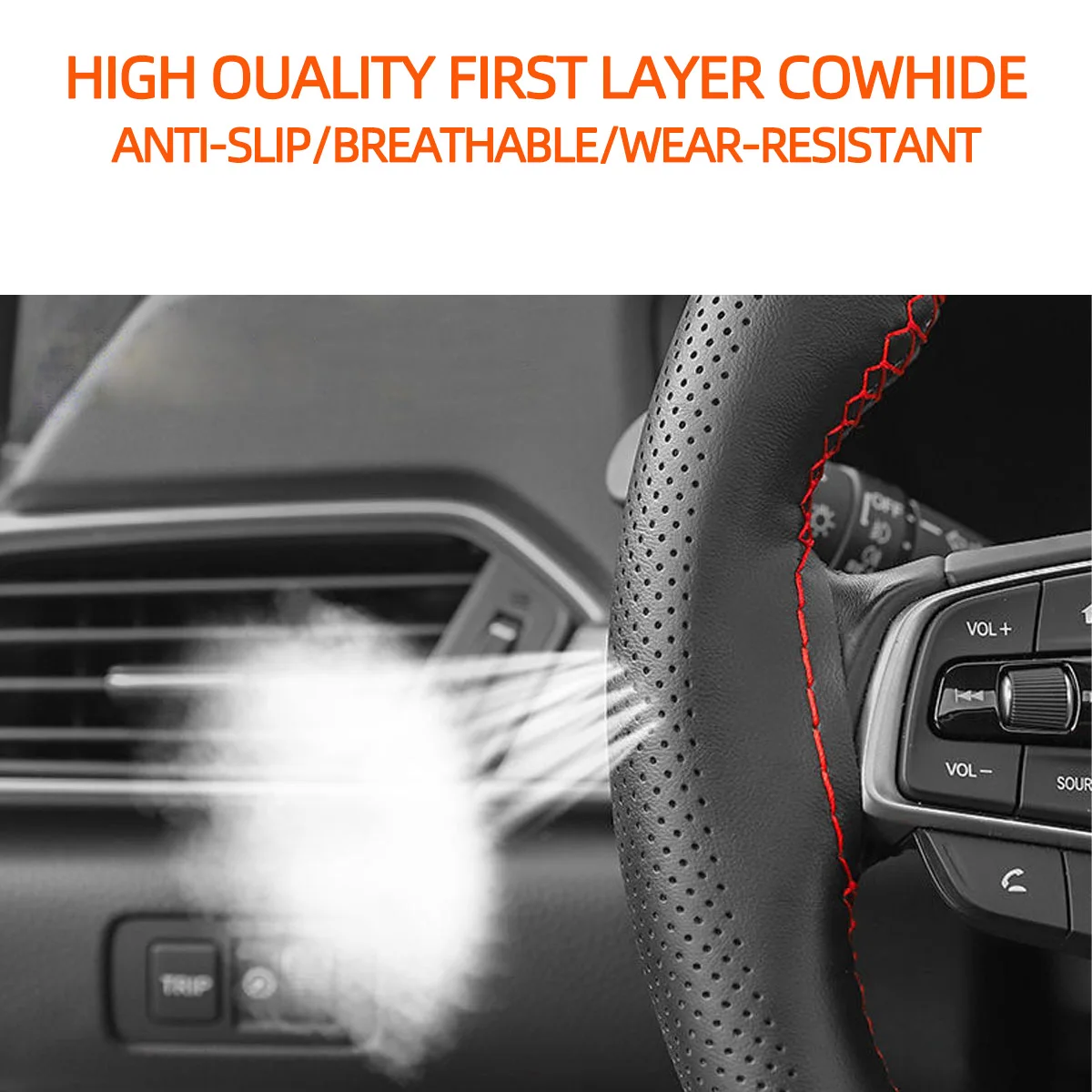 Steering Wheel Cover Stitch on Wrap, Breathable Anti-Slip Car Steering Wheel Protector for Max Diameter 15 Inch image 4