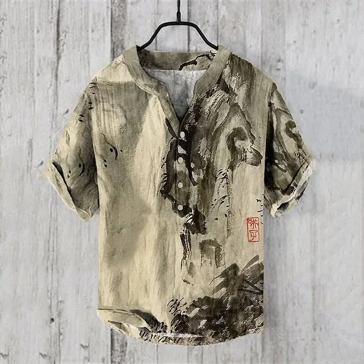 2024 Cross border New 3D Digital Printing Chinese Style Men's V-neck Short sleeved 3-breasted Shirt