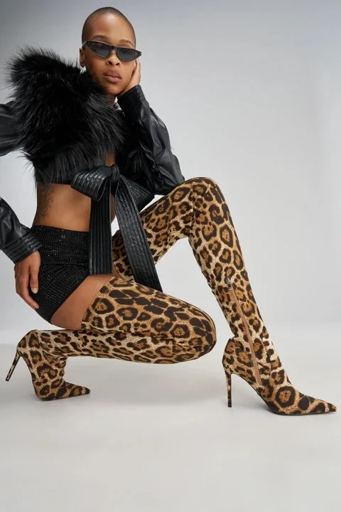 Leopard Over The Knee Boots Tight Fitting Pointy Thin Heels Slip-On Sexy Runway Show Fashion Party Pubs Shoes for Women Newest