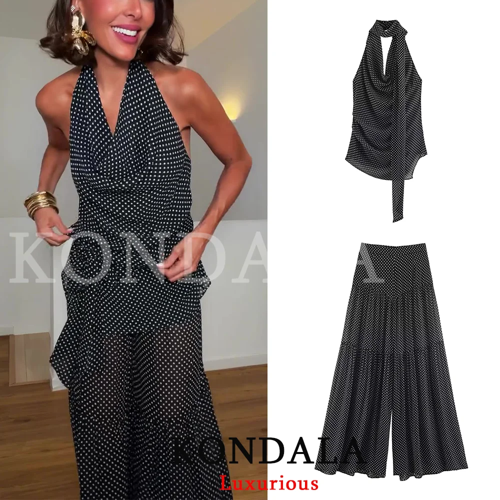 KONDALA Vintage Party-Chic Damen-Hosenanzug mit Polka Dots, ärmellosem Neckholder-Top und langen, weiten Hosen – Modischer Sommer-Urlaubsanzug 2026