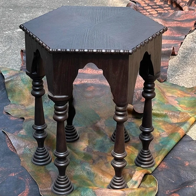 

French Style Solid Wood Hexagonal Side Table Vintage Living Room Sofa Side Table Retro Tea Zen Style Coffee Table