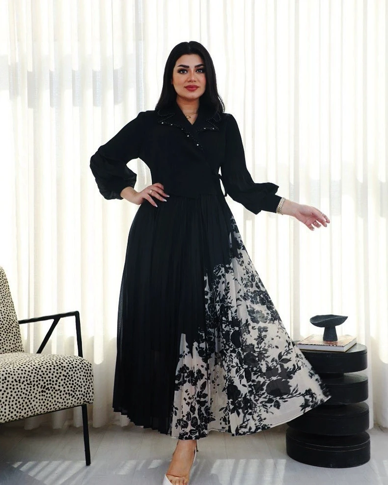 ชุดเดรส Miyaki ไซส์ใหญ่ กระโปรงพลีทสามมิติ คอปกสูท ลายพิมพ์ กระโปรงพลีทแบบสองชิ้นหลอกๆ สไตล์ยุโรปและอเมริกา แอฟริกัน ขายดี ยืดหยุ่นสูง