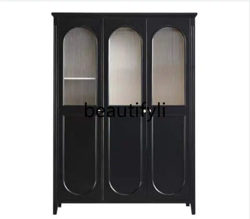 

American Style Solid Wood Ivory White Double Door Glass French Retro Distressed Wardrobe Bedroom Full Solid Wood Wardrobe