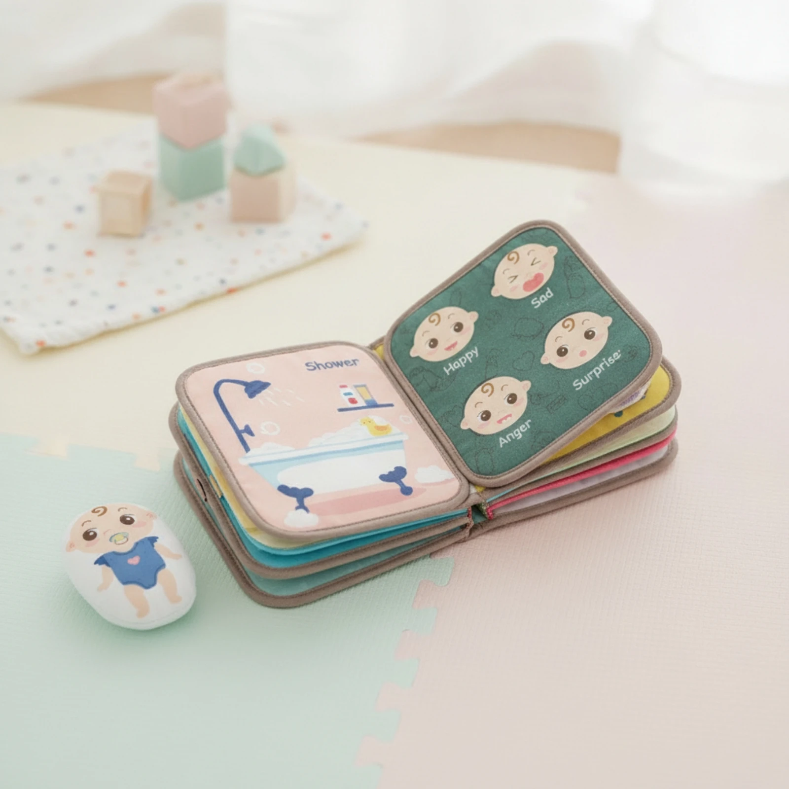 Book with Removable Doll Portable Quiet Book with Doll Movable Crinkle for Babies, Car Travel, Stroller