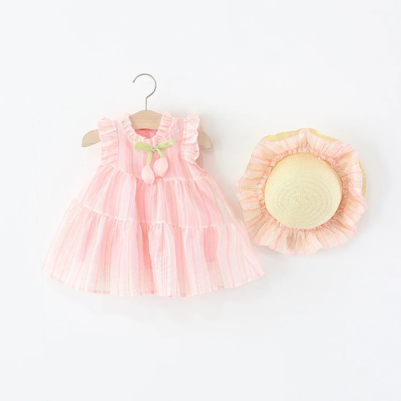 

Baby Girl Clothes Summer Tulip Pattern Striped Mesh Fluffy Beach Baby Girl Dress Cute Casual Vacation Girls Dress With Hat