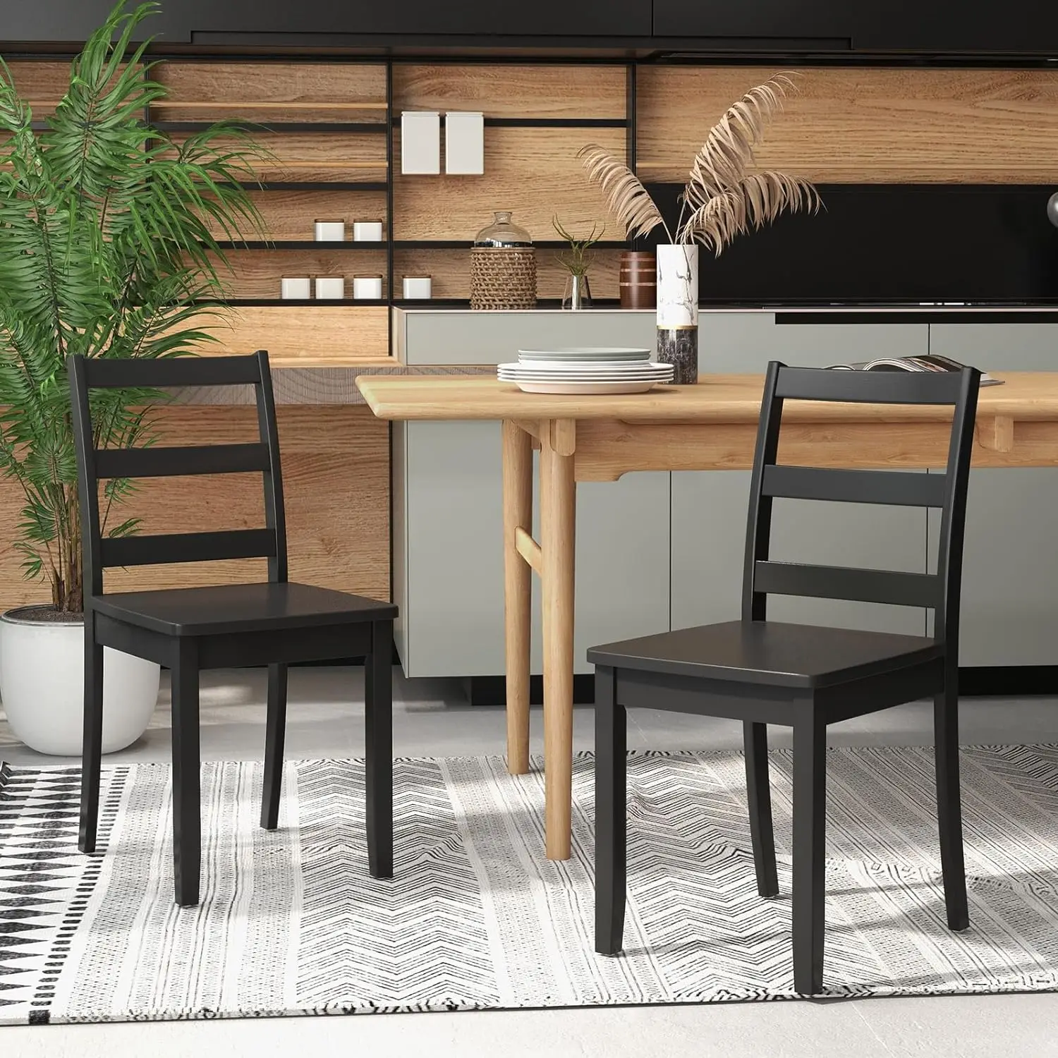 Giantex Wood Dining Chairs Set of 2 Black- Wooden Armless Kitchen Chairs with Solid Rubber Wood Legs, Non-Slip Foot Pads