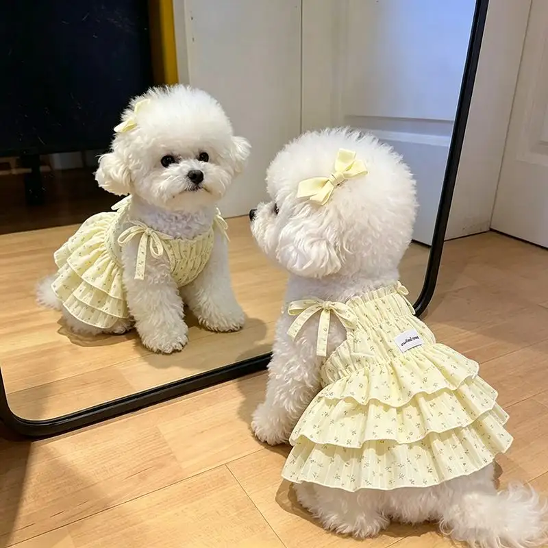 New Spring Summer Pet Dresses Puppy Dog Outfits Print Multilayer Lace Sling Princess Dress for Small Medium Dog Pet Clothes