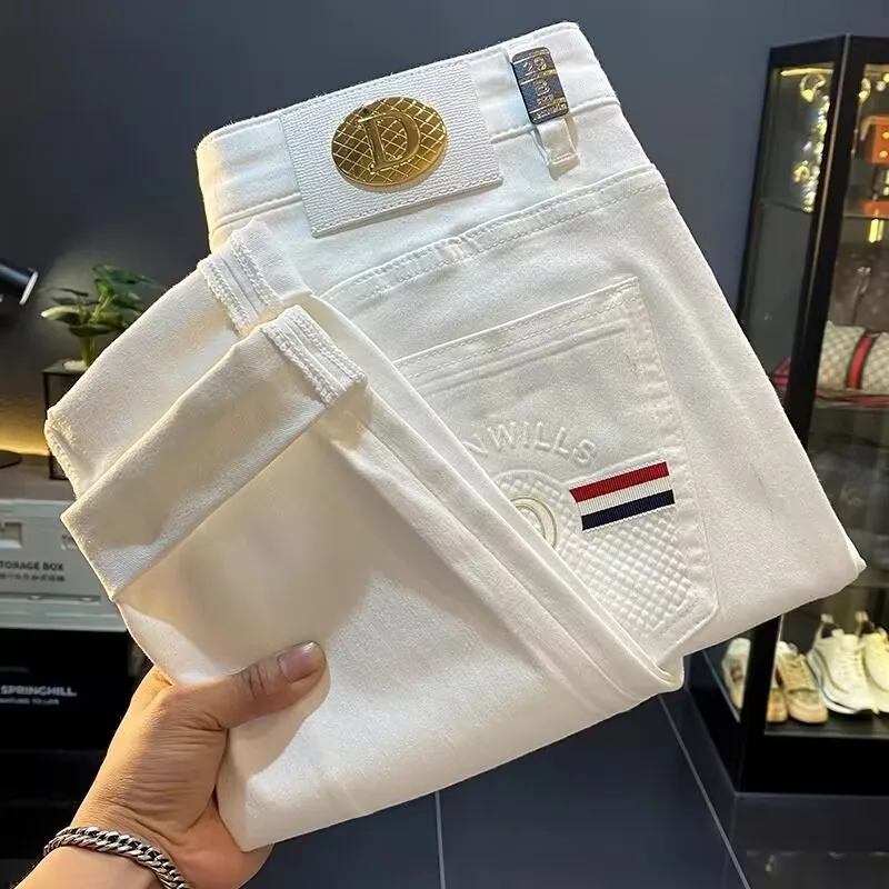 

American Sle High End White Jeans Men's Summer New Casual Slim Fit Pants Leisure Long Pants Embroidery Hip And Haome
