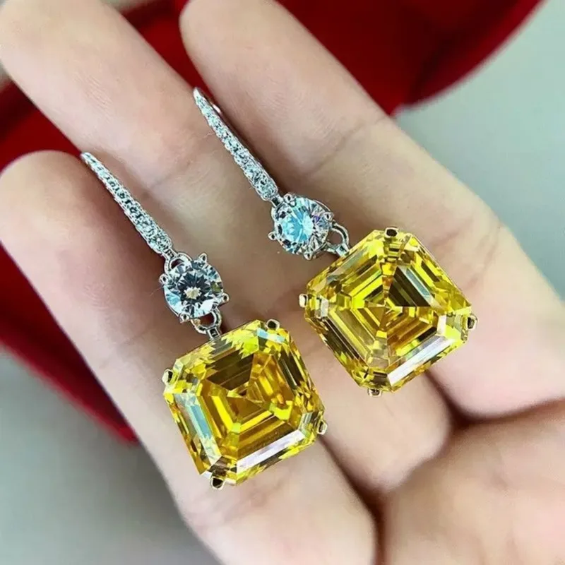 Luxury ice flower yellow earrings, fashionable temperament, versatile micro-inlaid zircon ear hooks