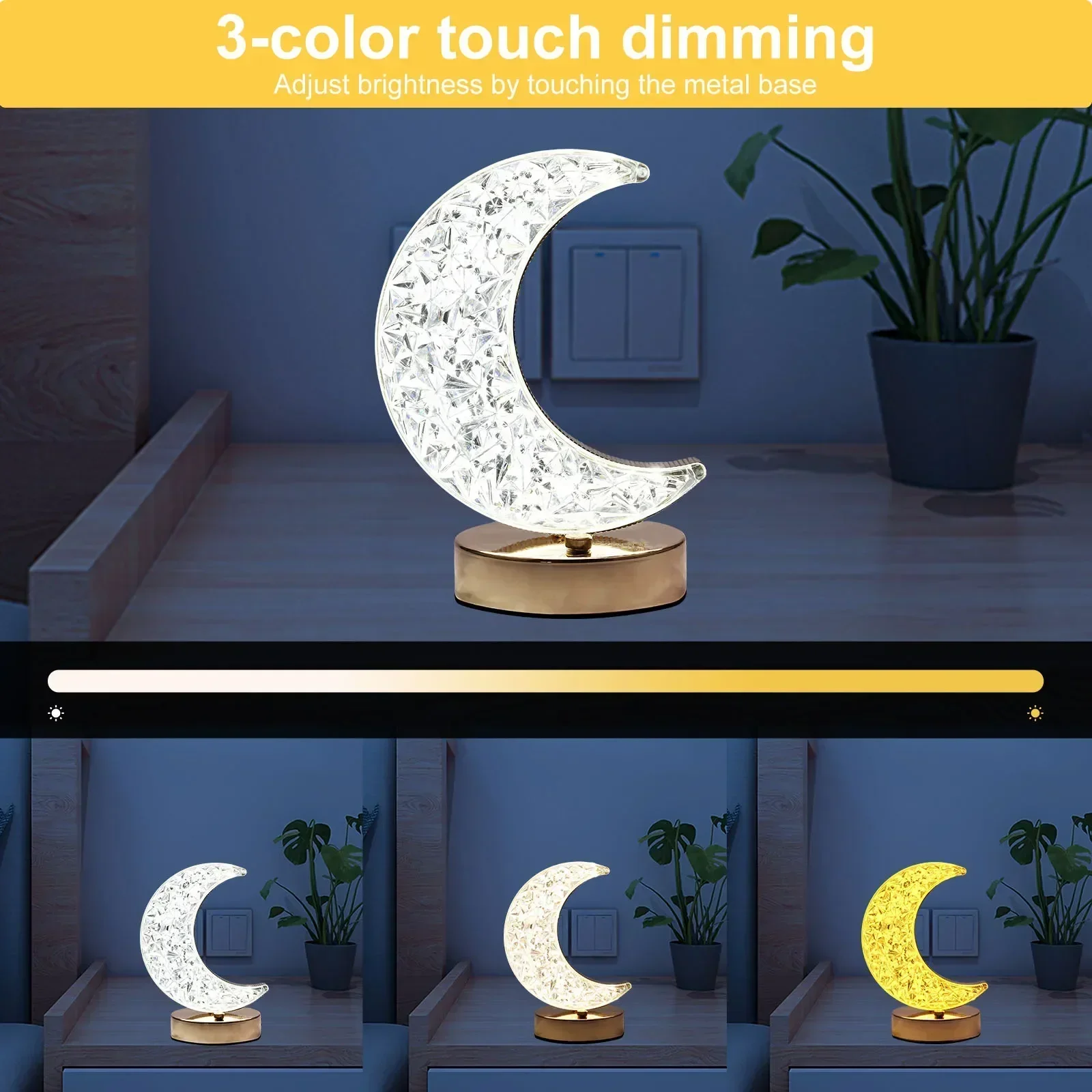 LED Crystal Lamp Star Moon Small Night Light 3 Colors Table Touch Stepless Dimming USB Rechargeable Bedroom Decoration Lantern