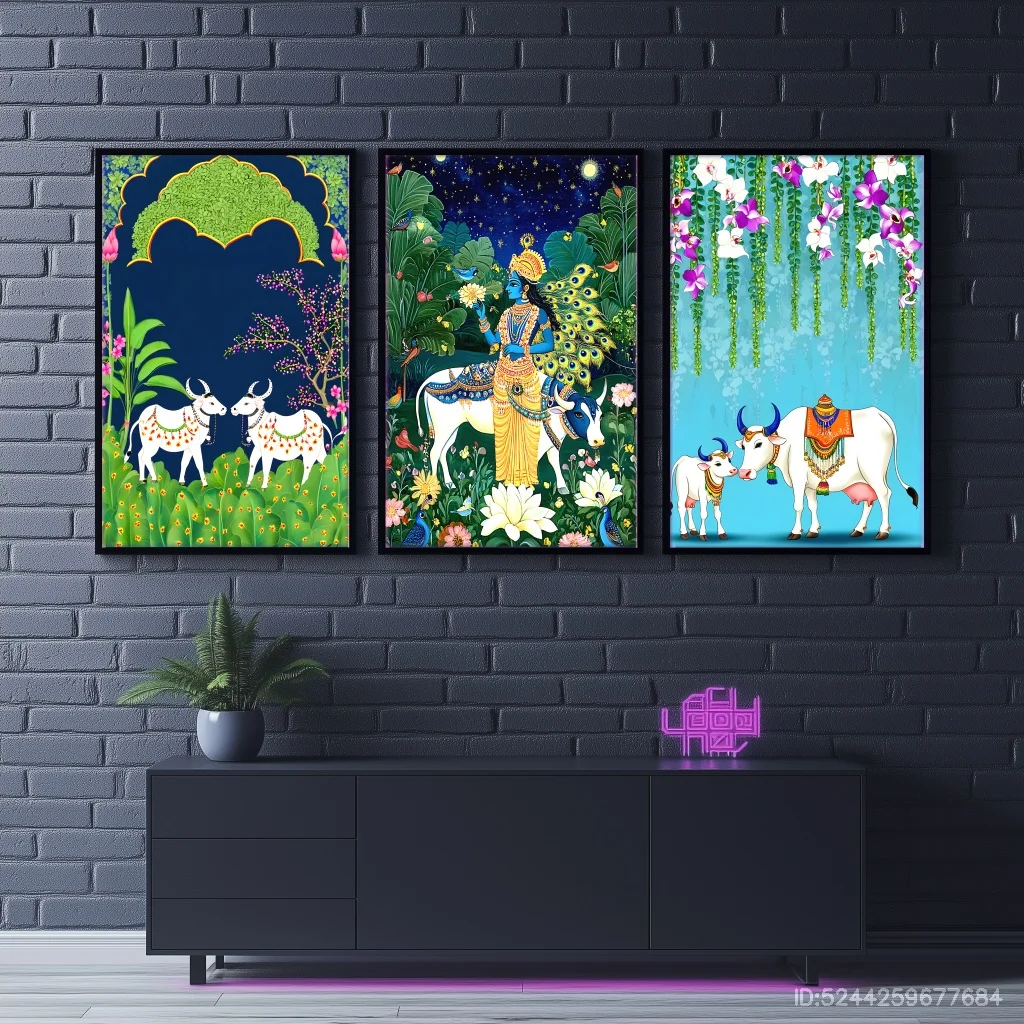 3 قطع من المطبوعات القماشية المؤطرة، ملصق زخرفي بنمط إسلامي للتسامي الفني المذاق، منظر طبيعي للبقرة والأغنام #3
