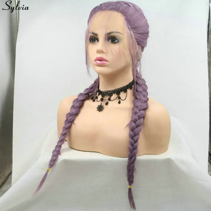 Sylvia Double Braids Wigs Lavender Purple/Natural Black/Ombre Blonde Synthetic Lace Front Braided Wigs All Hand Made Braided Wig