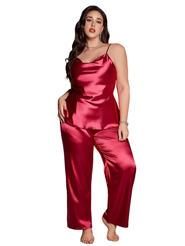 ชุดนอนเซ็กซี่สีพื้นเรียบง่าย สบายๆ สายเดี่ยว กางเกงขายาว เสื้อคลุม ชุดลำลองใส่บ้าน แฟชั่นผู้หญิง คอลเลคชั่นฤดูใบไม้ร่วง เอวสูง