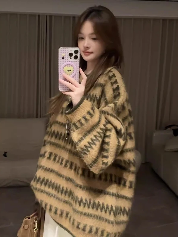 

Soft Thiened Oversized Color Blo Striped Women's Knitted Sweater Comfortable Loose Fit Autumn Winter Faion Ci Walk Top