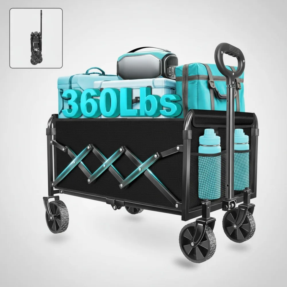 

Foldable Collapsible Wagon Cart with Wheels, Durable Portable Utility for Groceries, Picnic & Pets, 360lbs Capacity