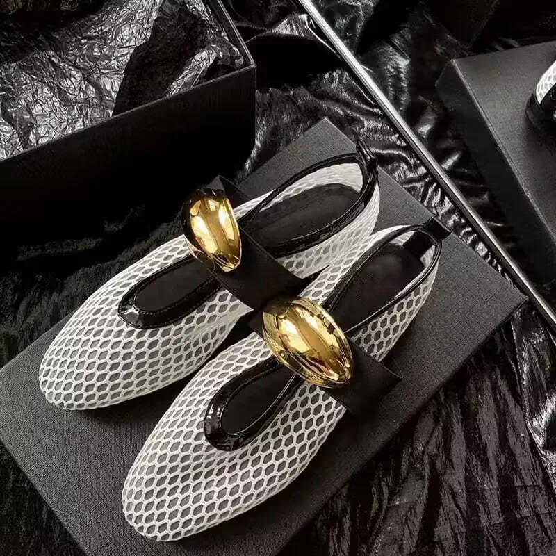 Women's Round Toe Mesh Mary Jane Flat Airy Sandals Metal Buckle Nonslip Comfy Soft Sole Casual Office Travel Spring Summer Shoes