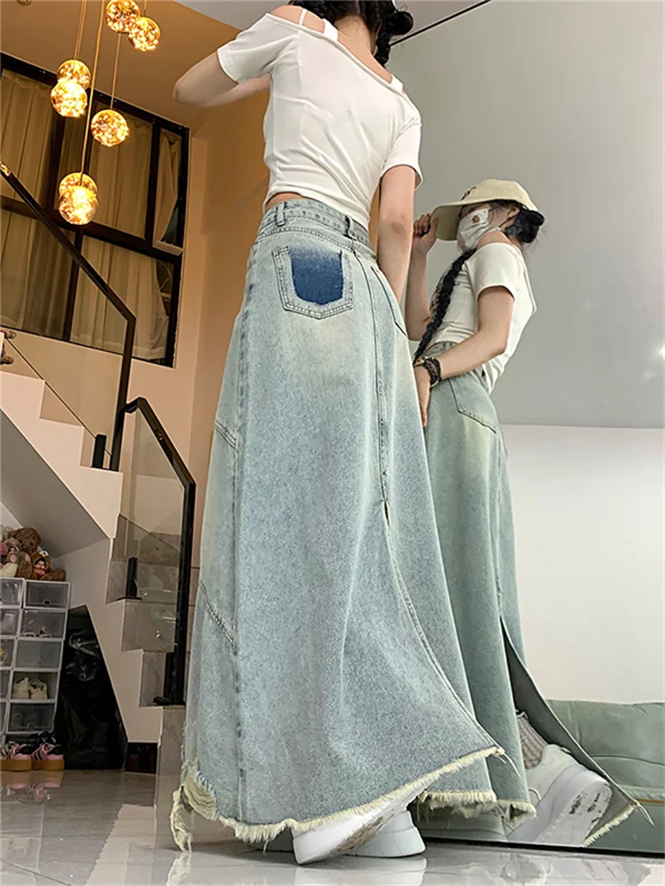 plus Size Denim  Skirt Women's High Waist A-Line Skirts with kets Button Detail Zipper Closure Faded Effect Long Skirts