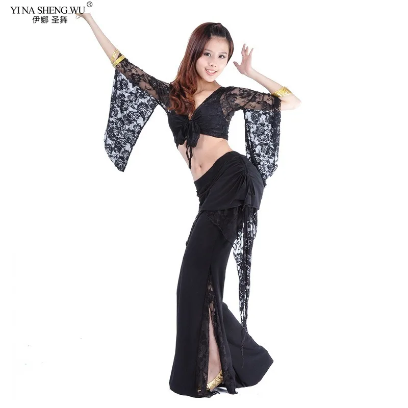 New Belly Dance Costume Set Adult Female Lace Butterfly Sleeve Practice Clothes Top+Pants Belly Dance Wear