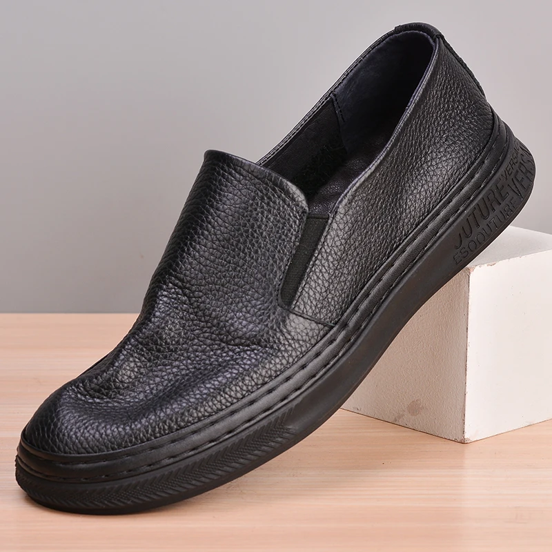 British Style Men\'s Genuine Leather Shoes Breathable Casual Sewing Loafers Handmade Comfortable Designer Flats Black M2669