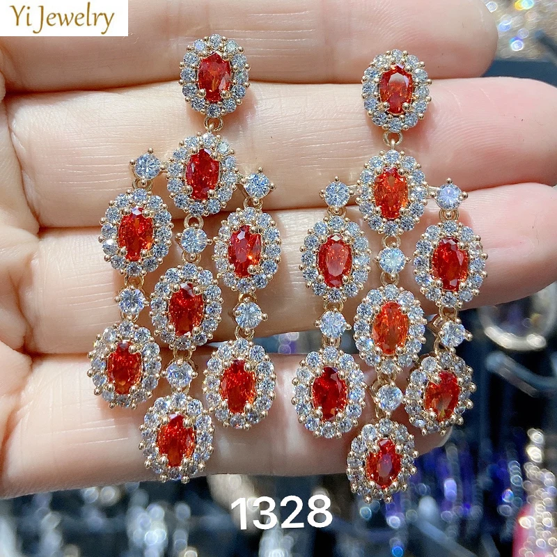 

sparkling cubic zirconia earrings orange red silver color jewelry wedding bride earrings tassel round drop chain pendant