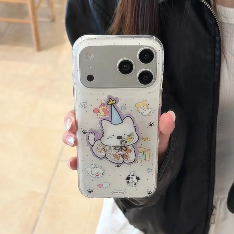 

Kawaii Cartoon Puppy Phone Case For iPhone 17 Pro 16 15 14 Pro Max Back Cover with Stand Shockproof Protective Cases Cute Back F