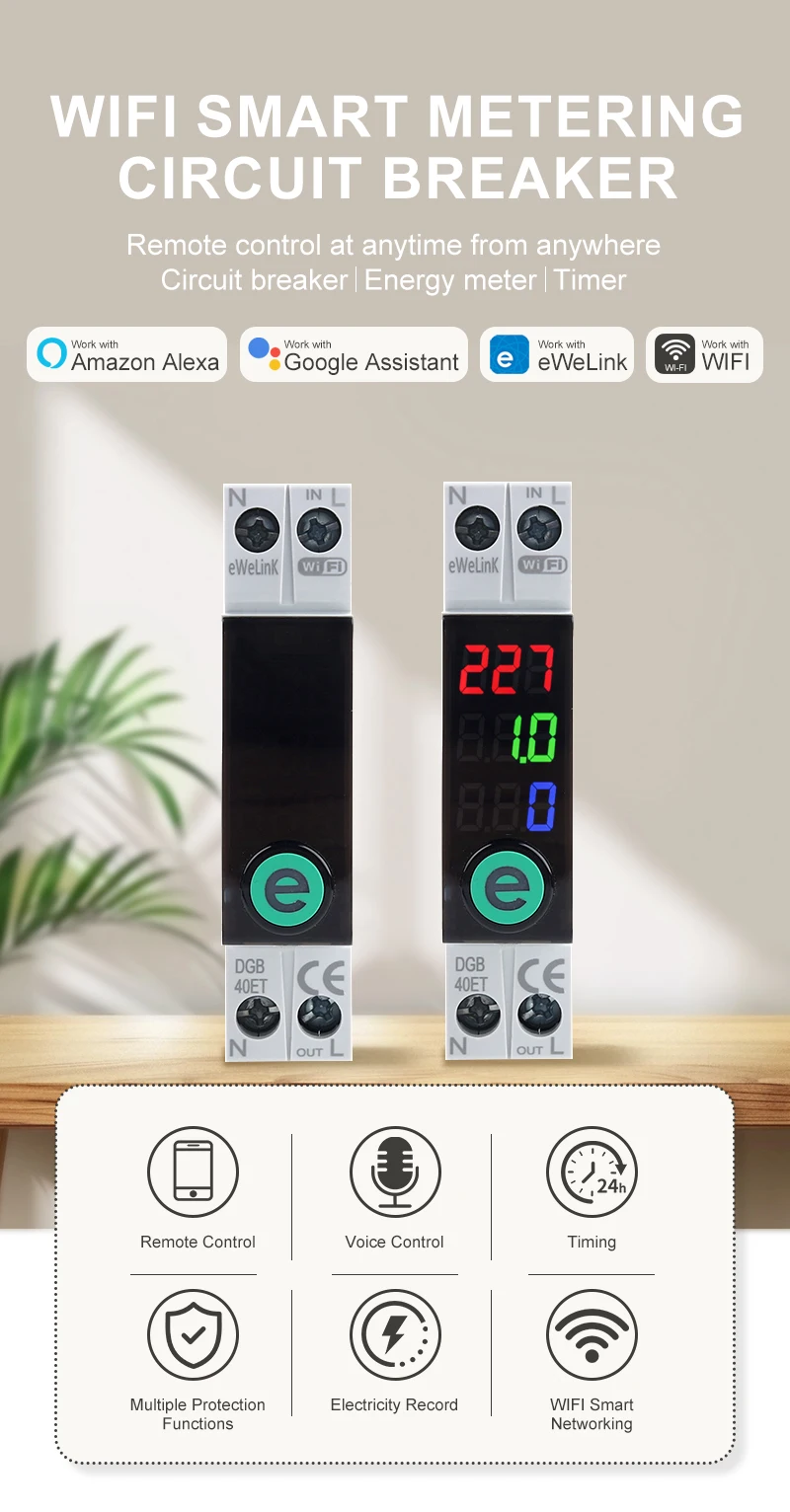 Intelligenter WLAN-Schutzschalter mit digitaler Anzeige, Ewelink-Fernbedienung, Strom- und Spannungsschutz, Timer, 63A, DIN-Schiene – Detail 1