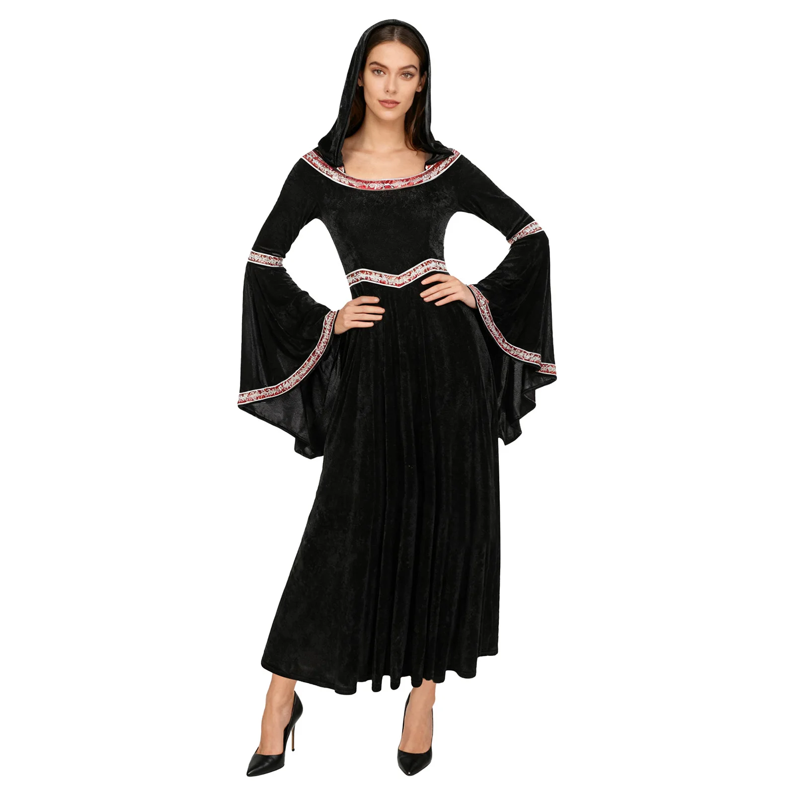 

Women Victoria Vampire Witch Cosplay Hooded Dress Vintage Velvet Renaissance Princess Maxi Dress for Raves Halloween Carnival