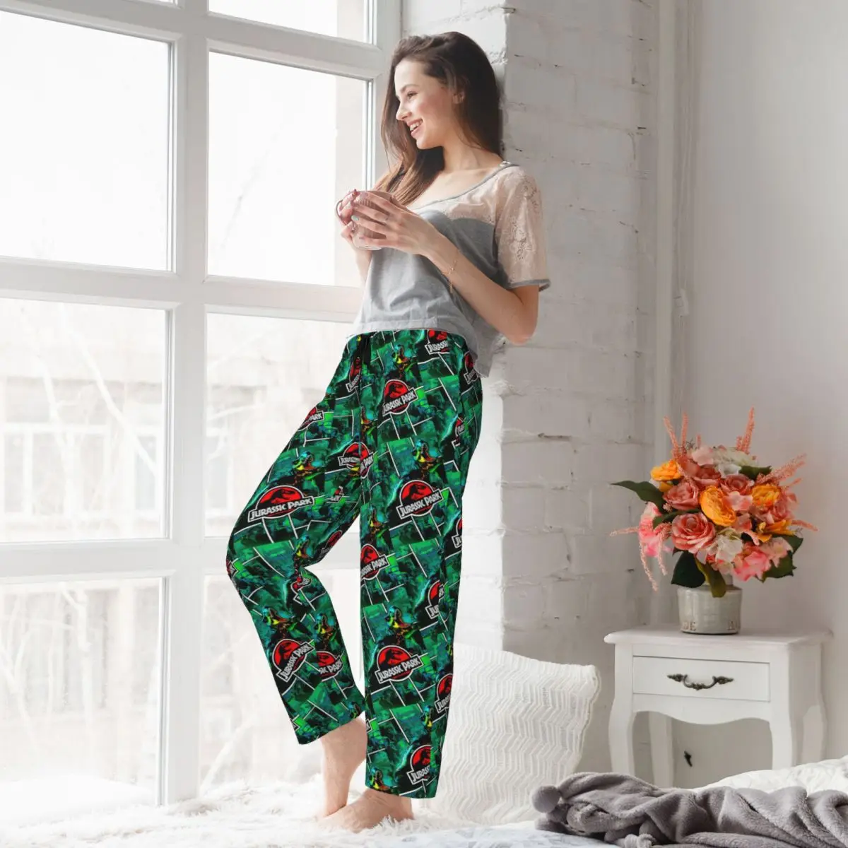 Custom Jurassic World Park Pajama Pants Sleepwear for Women Elastic Waistband Dinosaur Film Sleep Lounge Bottoms with Pockets view 6