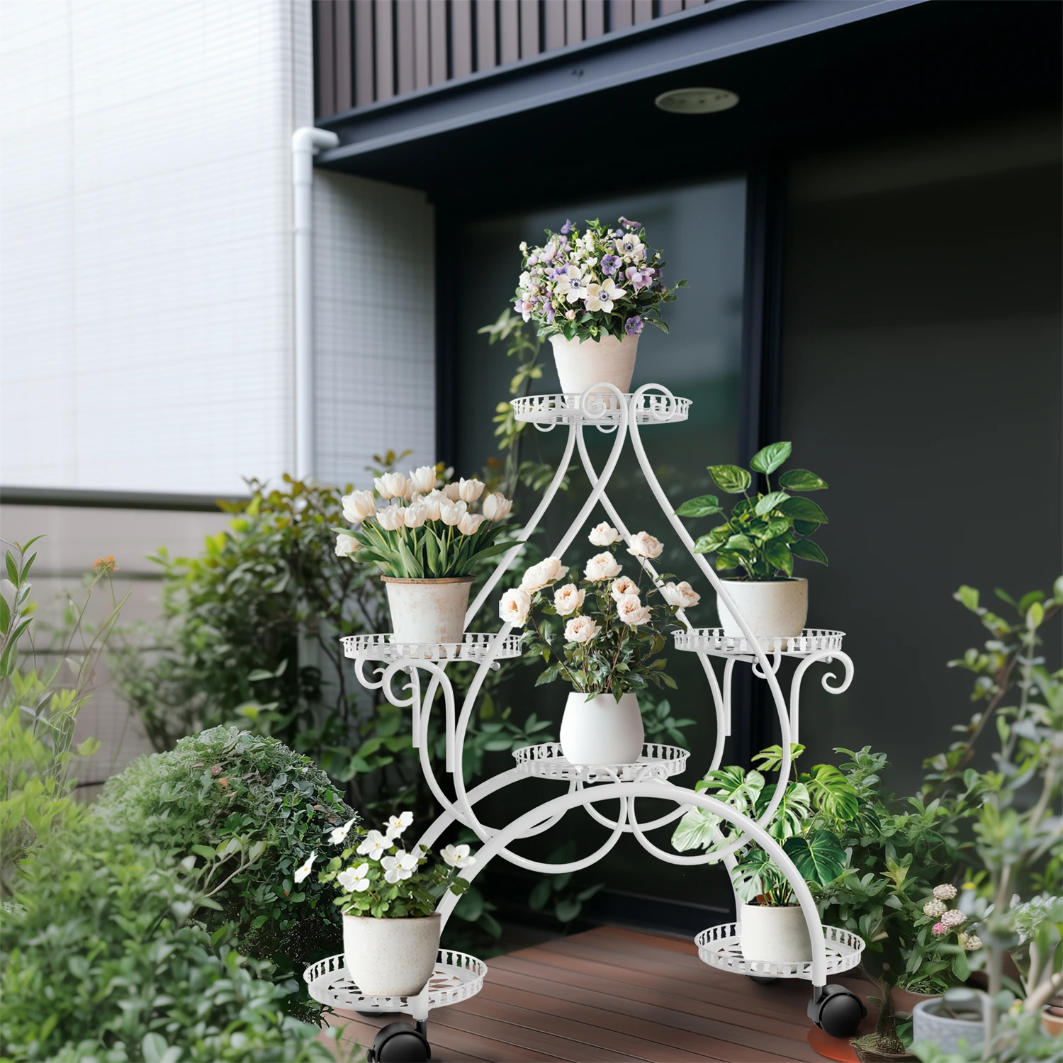 6 Potted Metal Plant Stand Garden Cart with Wheel for Living Room Balcony Garden Flower Pot Plant Holder Display Rack