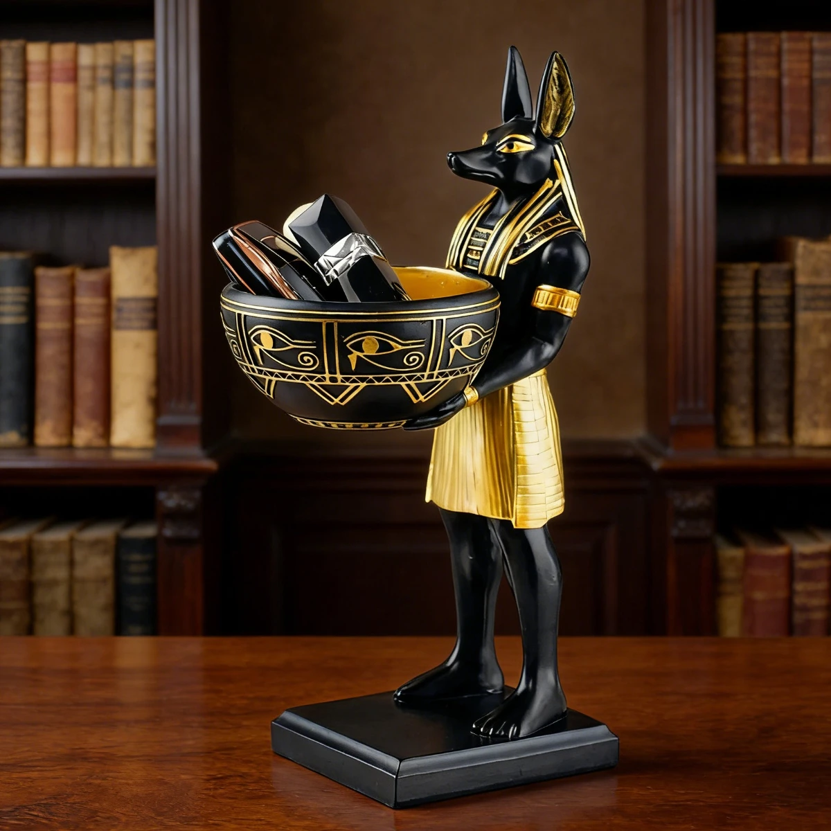 25cm Anubis God Statue with Bowl Egyptian Sculpture Desktop Entry Decoration Key Candy Holder Resin Ornament Home Interior Decor