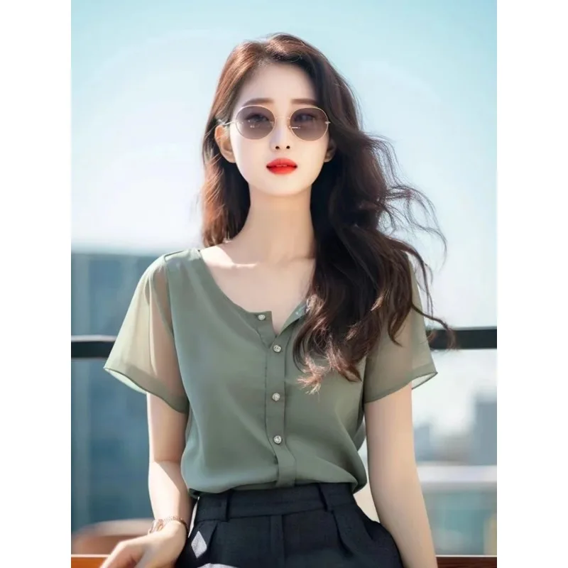Blusa de Gasa Verde Salvia para Mujer, Cuello en V, Botones, Manga Corta, Estilo Casual y Elegante, Cubre la Cintura