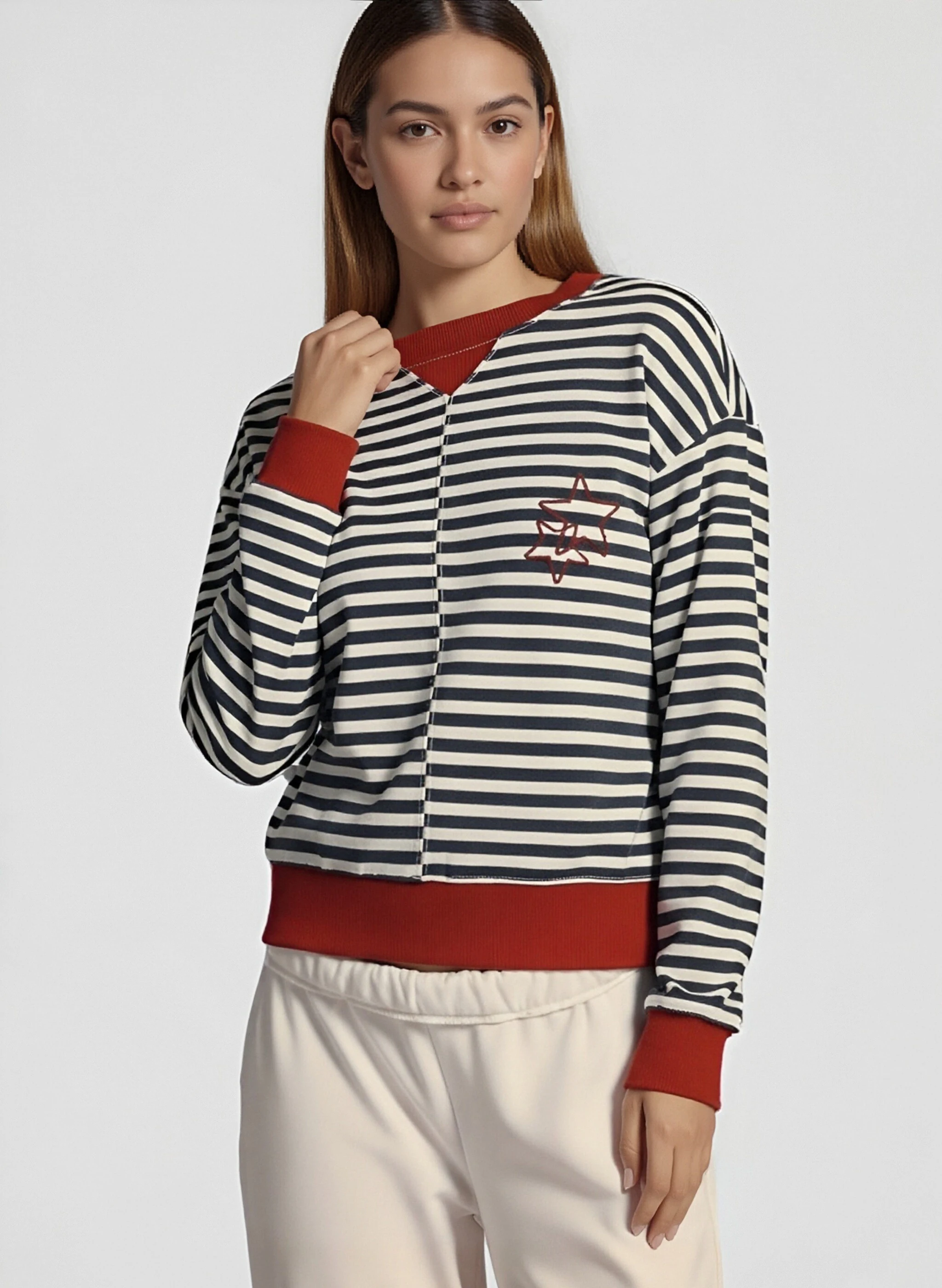 2026 봄 여성 캐주얼 라운드 넥 긴팔 풀오버 스웨트셔츠 패션 스트라이프 프린트 루즈핏 탑