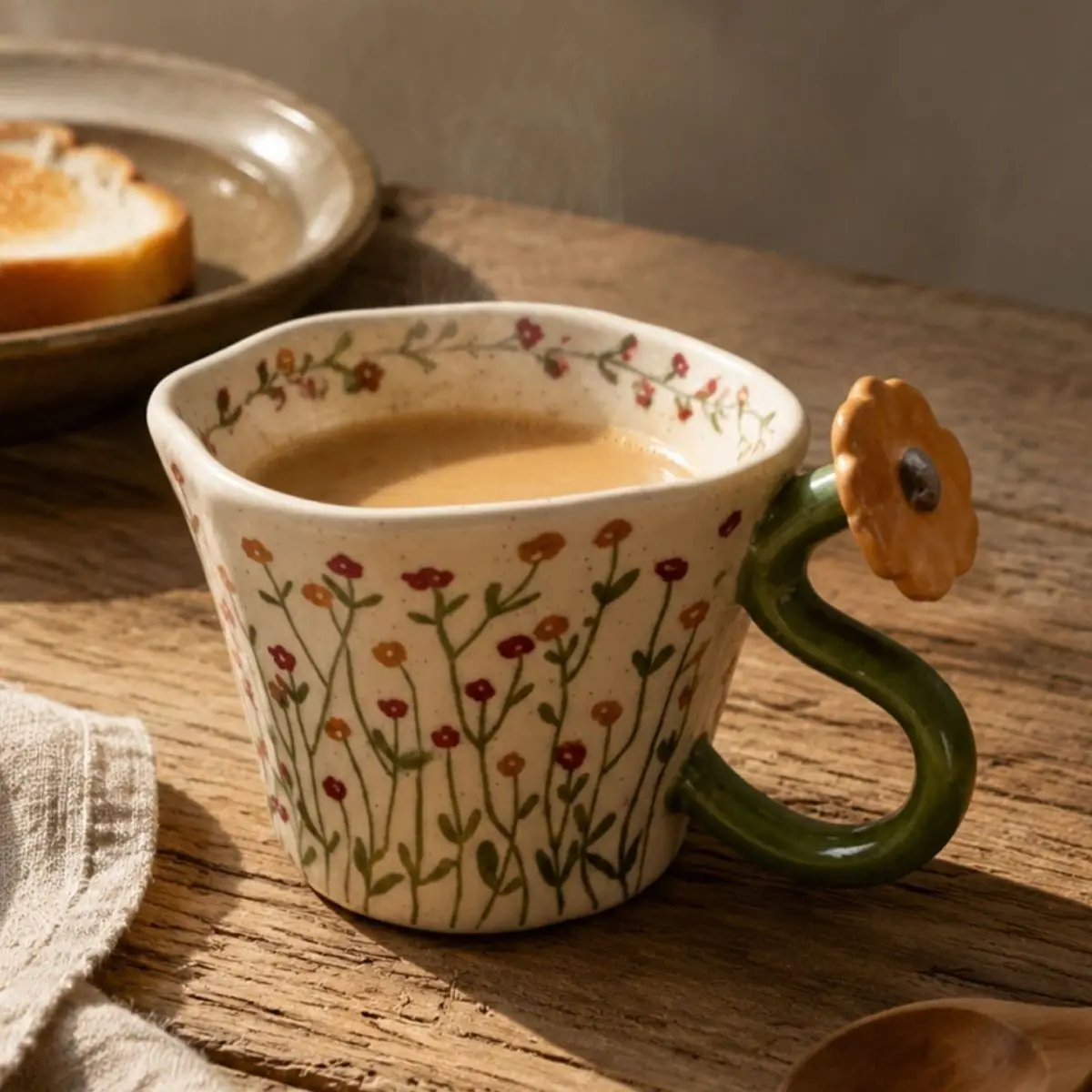 Vintage Handmade Underglaze Ceramic Coffee Cup Heatresistant Couple Mug Three-dimensional Flower Hand-painted Creative Home Gift