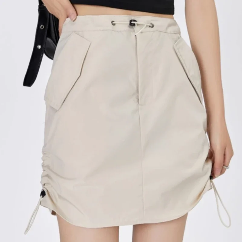 Gonne Donna Vintage Autunno Nuovo A pieghe A-line Vita alta Tasche con coulisse solide Slim-fit All-match Streetwear Semplice Casual