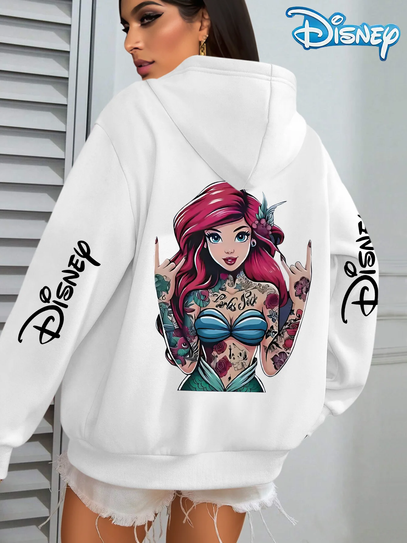 هوديي نسائي بقلنسوة "The Little Mermaid" Ariel Dark Style من Disney بتصميم بنمط Ariel وأكمام طويلة كاجوال بقلنسوة