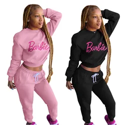 European American Autumn Winter Barbie Womens Casual Sports Suit Cartoon Comfortable Simple Round Neck Sweatshirt Two-Piece Se