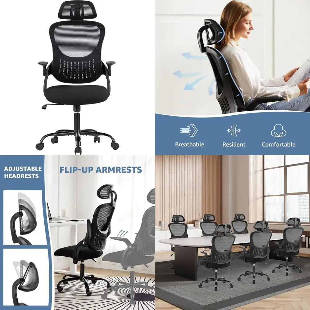 

Ergonomic High-Back Mesh Office Chair with Flip-Up Armrests, Adjustable Headrest and Lumbar Support, Black for Home Use