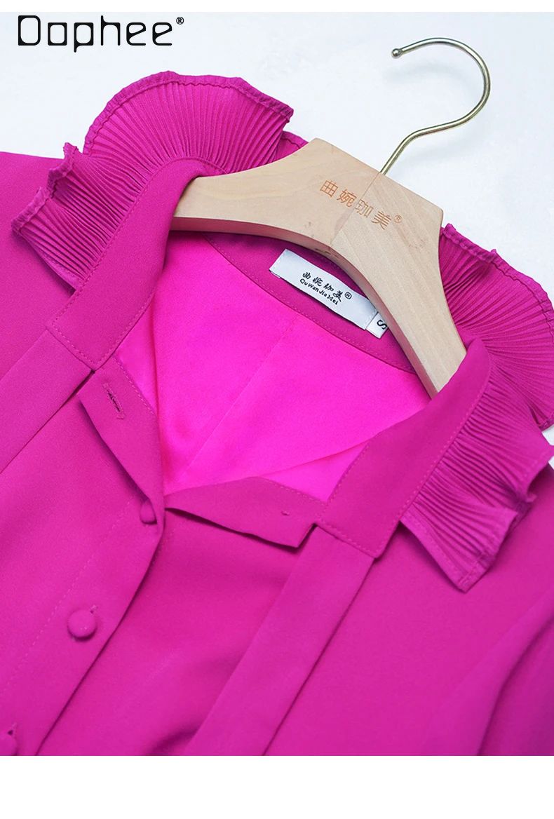 Vestido rojo rosa Vintage de gama alta para mujer, vestidos de noche elegantes con temperamento, vestido largo de manga larga con cuello redondo y volantes de lujo ligero