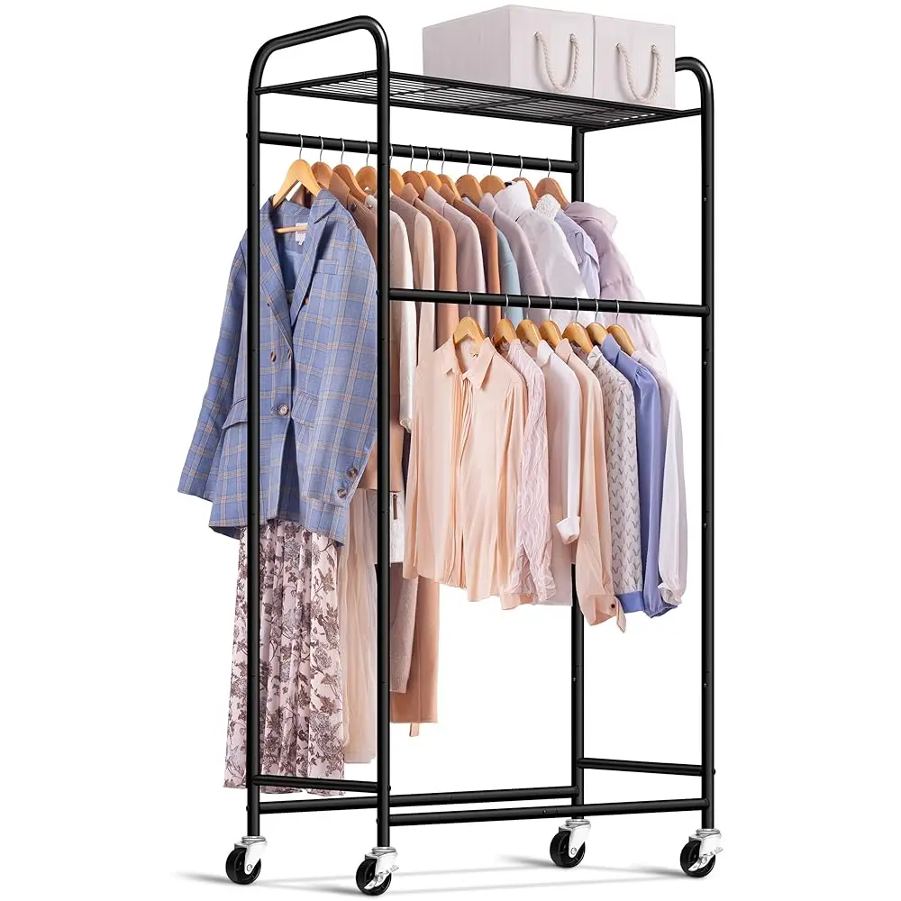 

Double Rod Long Clothing Racks For Hanging Clothes, Heavy Duty Rolling Garment Ra With Top Shelves, Portable Closet Wardrobe