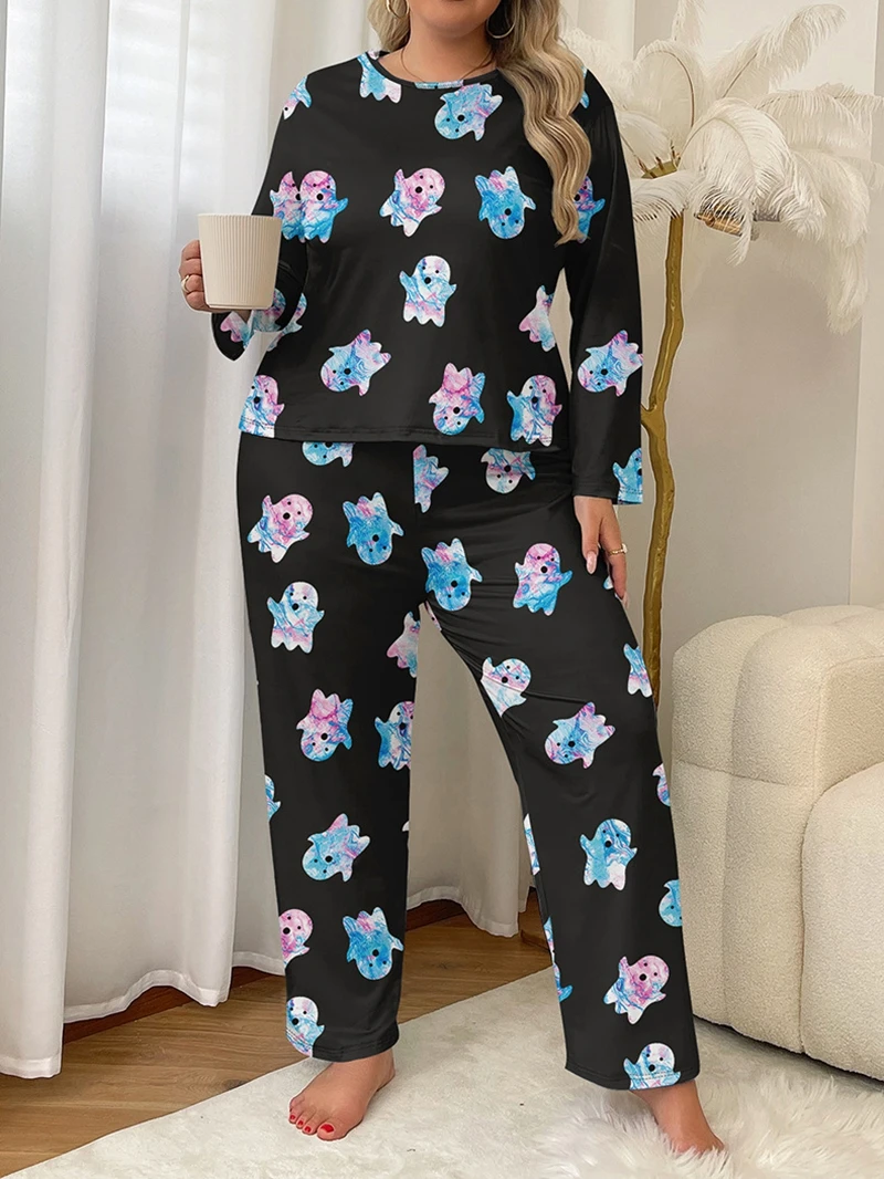 

Casual Ghost Print Pajama Set Women's Cozy Sleepwear Homewear XL-5XL Long-Sleeve Tee And Long Pants Breathable For Home Suit Pjs