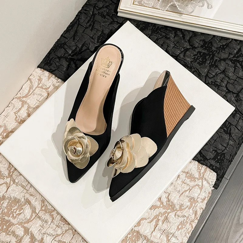 FHC New Camellia Flower Wedges Mules,Slides,Autumn High Heels Shoes,Close Pointed Toe Flock Slippers,34-40,Black,Dropship