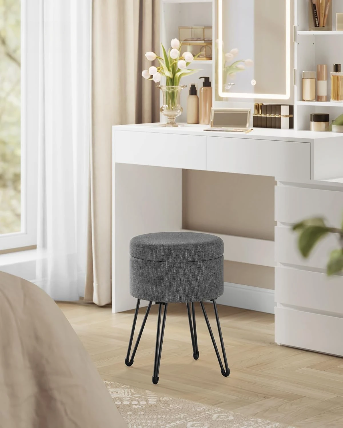 Vanity Stool Chair, Small Ottoman Stool with Storage, Vanity Chair, 15.4 Dia. x 17.4 Inches
