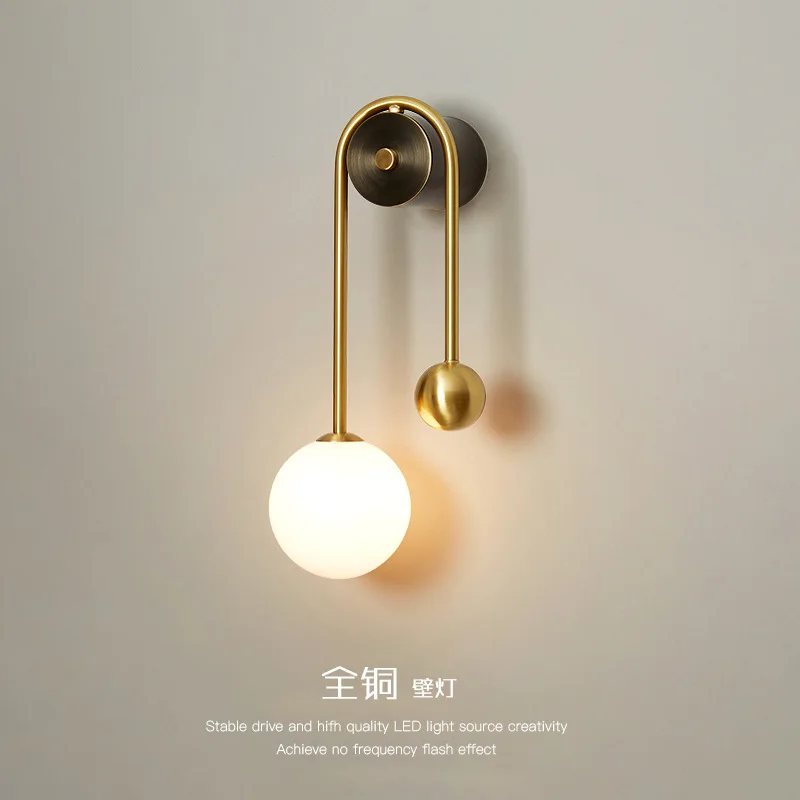 الحديثة شكل منحني جميع النحاس الجدار مصباح واحد/مزدوج رئيس الأبيض كرة زجاجية ضوء غرفة المعيشة غرفة نوم المطبخ مطعم الشمعدانات #1