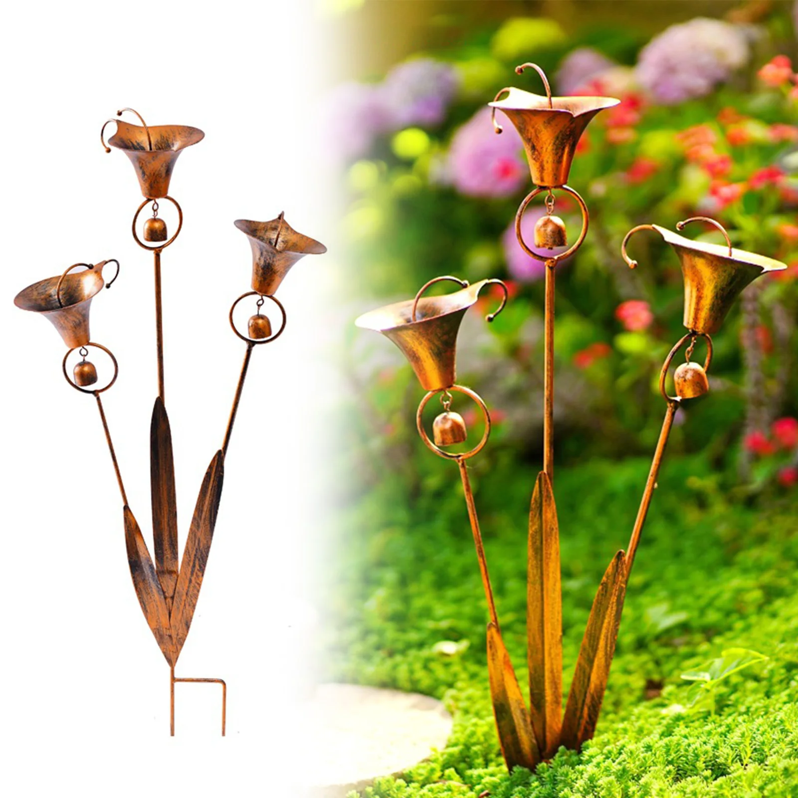 Three Calla Lilies Garden Stake, 2026 Flamed Copper Three Calla Lilies Sculpture w/ Bells Handmade 24in Rustic Finish Floral Art